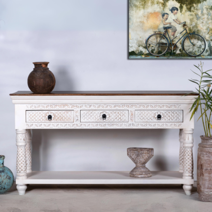 Hand Carved Rustic White Console Table