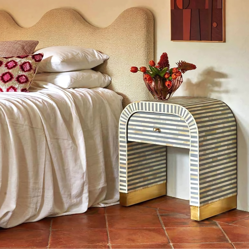 Saphed Bone Inlay Bedside Table with Drawer Saphed Bone Inlay Bedside Table with Drawer