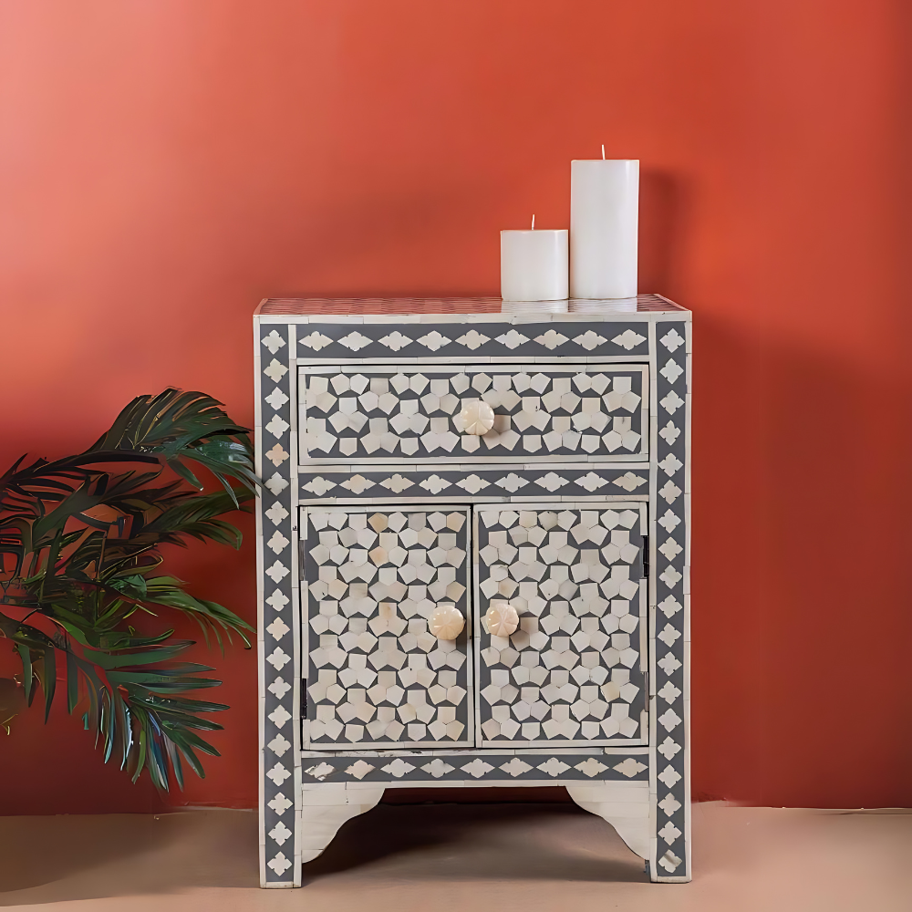 Grey Bone Inlay Bedside Table Grey Bone Inlay Bedside Table
