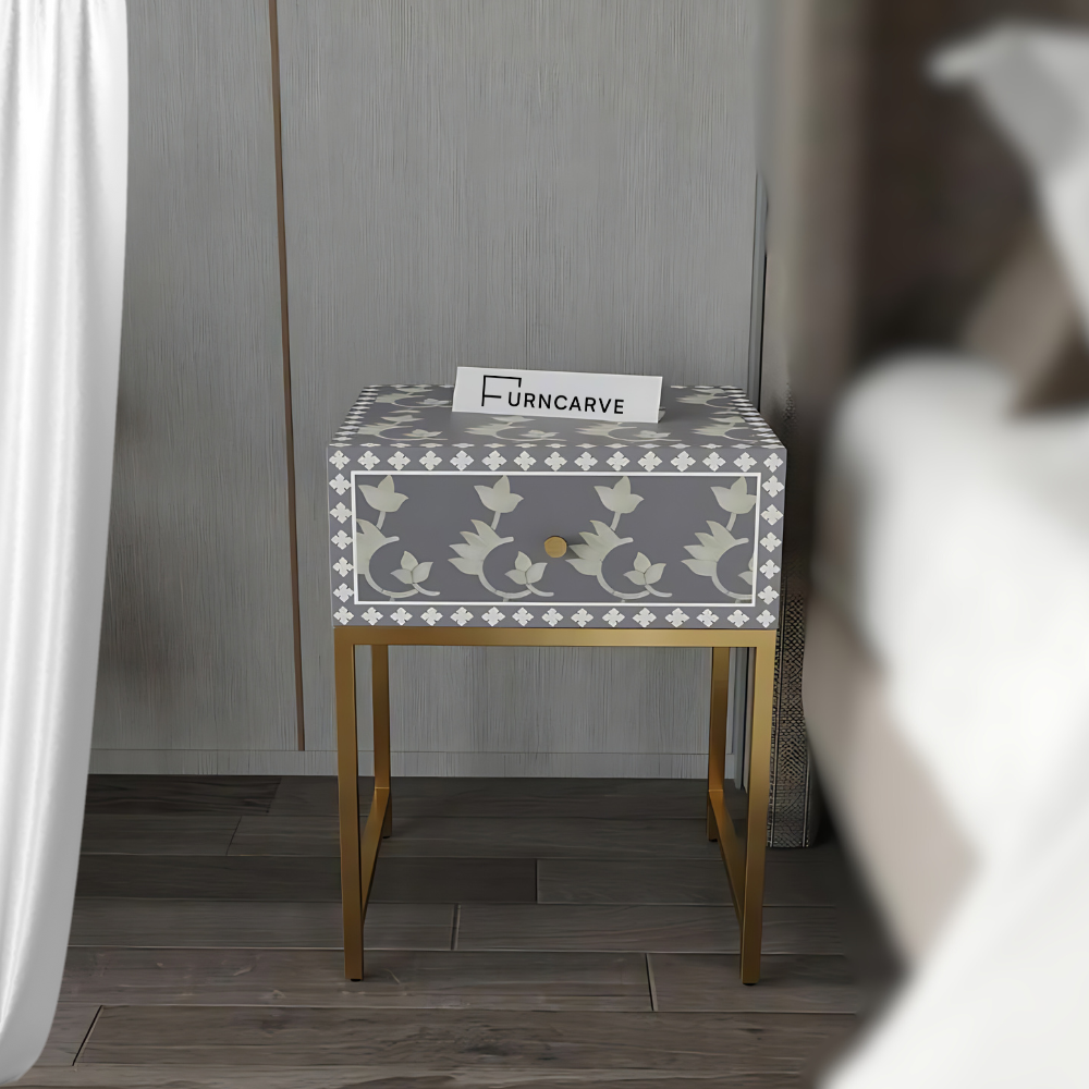 Floral Style Bone Inlay Bedside Table Floral Style Bone Inlay Bedside Table