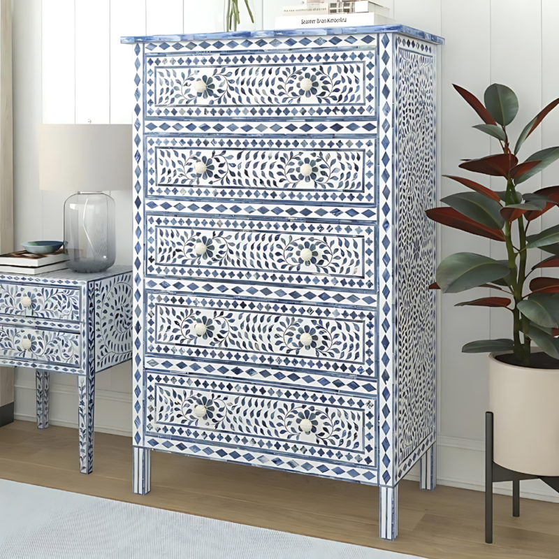 Jade Large Blue Bone Inlay Chest of Drawers