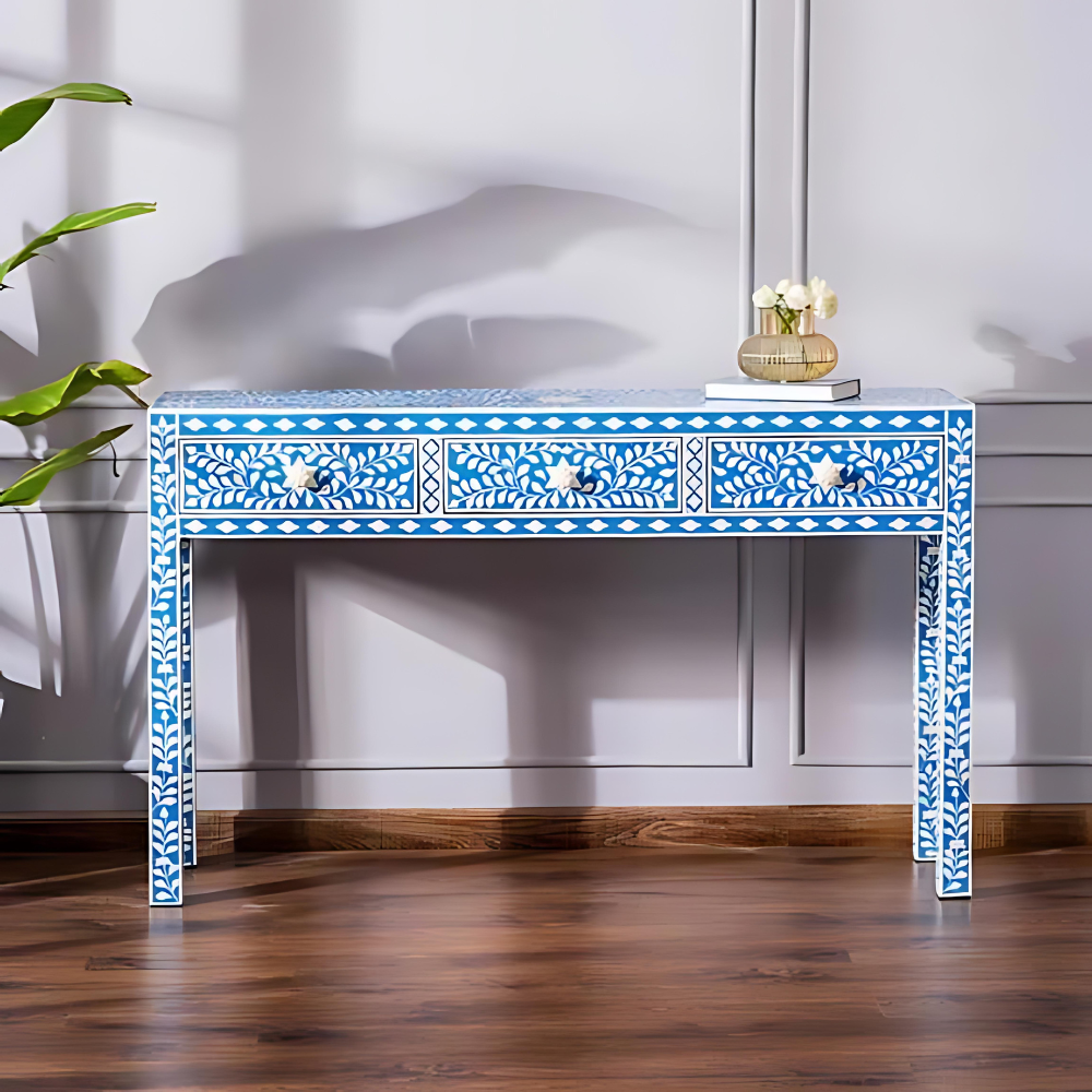 Floral Bone Inlay Console Table with 3 Drawer Floral Bone Inlay Console Table with 3 Drawer