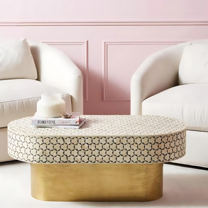 Ivory Oval Shape Bone Inlay Coffee Table