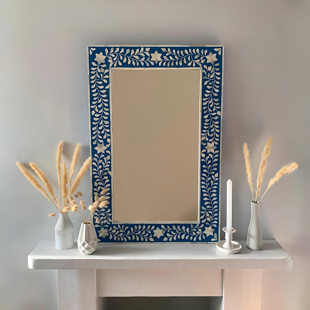 Floral Pattern Bone Inlay Wall Mirror Floral Pattern Bone Inlay Wall Mirror