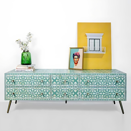 Moroccan Bone Inlay TV Unit Cabinet with Six Drawer
