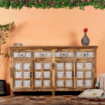 Natural White Finish Hand Carving Sideboard