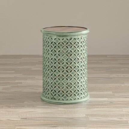 Decker Distressed Hand Carved Drum Side Table