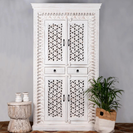 Hand Carved Spindle White Wardrobe